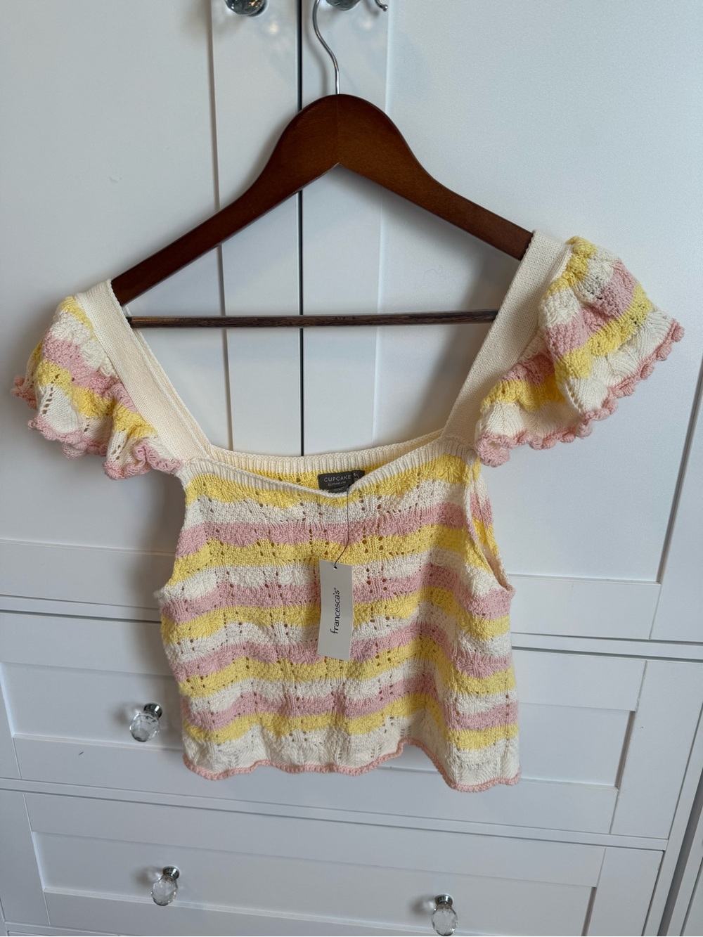 Cake Cream Pink Yellow Striped Knit  Crop Top